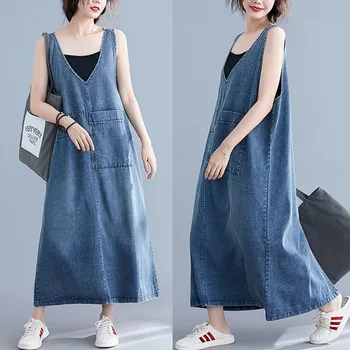 2020 Lete Nádrž Popruh Džínsové Šaty Sundress Ženy bez Rukávov Dlho Plus Veľkosť Jeans Dámske Šaty pre kórejskej Ulici Župan Femme