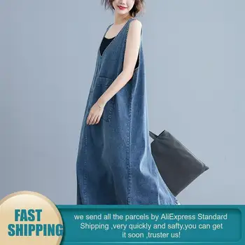 2020 Lete Nádrž Popruh Džínsové Šaty Sundress Ženy bez Rukávov Dlho Plus Veľkosť Jeans Dámske Šaty pre kórejskej Ulici Župan Femme