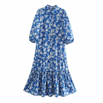 LVWOMN Za Dámske Dlhé Šaty 2021 Lete Vintage Blue Print Midi Tričko Šaty Žena Elegantné Prehrabať Dovolenku Sundress Bežné Šaty