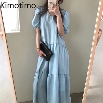 Kimotimo Ženy Šaty kórejský Elegantné Módne Letné Elegantného tvaru Skladaný Dizajn Voľné Tuhé Lístkového Rukáv Vintage Šaty pre Ženy
