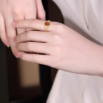 Striebrom vykladané prírodné južnej carnelian otvorenie nastaviteľný krúžok Čínsky jedinečné antické zlato vyhotovením značky šperky pre ženy