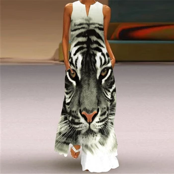 Tiger Tlač Šaty 2021 Vinobranie V Krku Bežné Nadrozmerná Módne Dlhé Šaty Letné Žena Bez Rukávov Dievča Pláži Maxi Šaty Ženy