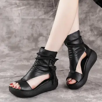Ženy Letné Sandále Polovice Podpätky Kliny Topánky Dámske Ročníka PU Kožené Plus Veľkosť Sandalias Mujer Sapato Feminino 2021