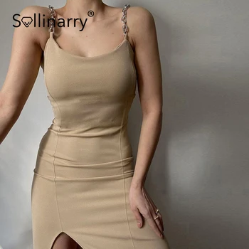 Sollinarry Elegantné reťazca sklzu dámske letné šaty čierne Sexy vysoký pás zábal split vestidos Klub tvaru bavlna dámske šaty