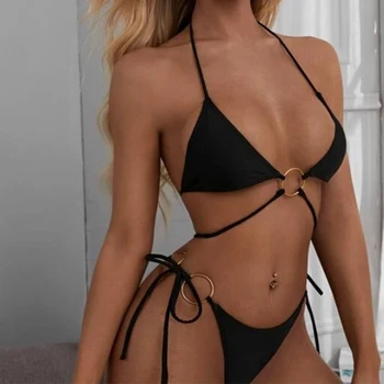 Čierne Sexy Letné Beach Bikini Set 2021 Ženy Plavky Kovový Krúžok Obväz plavky Maillot De Bain Femme Ropa Mujer JK1103