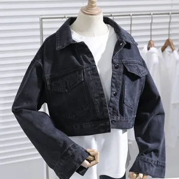 Kórejský Voľné Vintage Čierna Denim Jacket Žena s Dlhými rukávmi Krátke Chaqueta Mujer Ležérne Džínsy Bunda Ženy Študent Základné Nátery