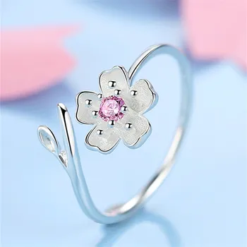 DAIWUJAN 925 Sterling Silver Sakura Otvoriť Krúžky Nastaviteľné Ružový Kryštál Broskyňa Kvet Prstene Pre Ženy, Dievča, Svadobné Party Šperky