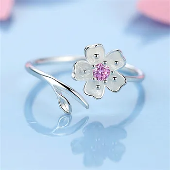 DAIWUJAN 925 Sterling Silver Sakura Otvoriť Krúžky Nastaviteľné Ružový Kryštál Broskyňa Kvet Prstene Pre Ženy, Dievča, Svadobné Party Šperky