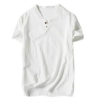 Pánske Ľanu Bielizeň T-Shirt Slim Fit Bavlna Bielizeň Farbou Krátky Rukáv Základné Top Bežné Tlačidlo Muži T-Shirts Módne Topy