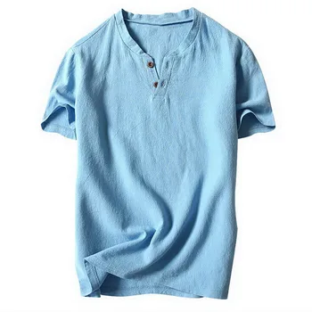 Pánske Ľanu Bielizeň T-Shirt Slim Fit Bavlna Bielizeň Farbou Krátky Rukáv Základné Top Bežné Tlačidlo Muži T-Shirts Módne Topy
