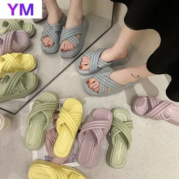 2021 Candy Farby Platformu Sandále Ženy Hrubé Jediným Listov Otvorené Prst Lete Robustný Sandále 5CM Zapatos Mujer Zapatillas De Casa