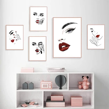 Nordic Módne Make-Up Plagát Vytlačí Moderm Sexy Krása Ženy Citácie Wall Art Rias Červené Pery Obrázok Spálne Domáce Dekorácie