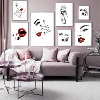 Nordic Módne Make-Up Plagát Vytlačí Moderm Sexy Krása Ženy Citácie Wall Art Rias Červené Pery Obrázok Spálne Domáce Dekorácie