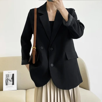 Voľné Dvojité Breasted Čierny Oblek, Žena je Bežné Jednoduchosť Pevné Vyhovovali Žena kórejský Módne Office Nadrozmerné Kabát Ženy 2021