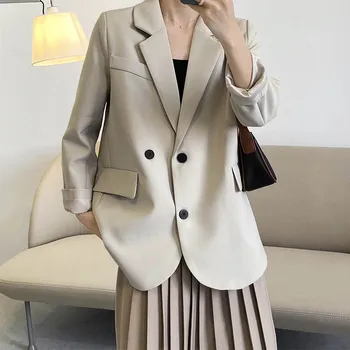 Voľné Dvojité Breasted Čierny Oblek, Žena je Bežné Jednoduchosť Pevné Vyhovovali Žena kórejský Módne Office Nadrozmerné Kabát Ženy 2021
