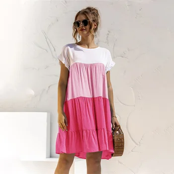 Jednofarebné Skladaný Rozstrapatené Žien Sundress dámske Letné Šaty 2021 Sexy tvaru Bielizeň Tlačidlo Mini Vestidos Voľné Oblečenie pre voľný čas