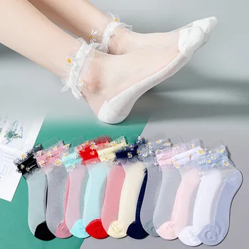 1Pair Priedušná Ultra Tenké Ponožky Ženy Transparentného Tylu Hodváb krátke Ponožky Daisy Kvetina Tlače Volánikmi Elastické Ponožky Meias Ženy