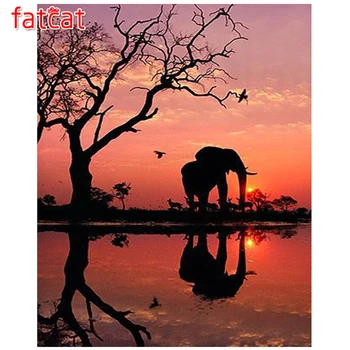 FATCAT DIY Diamond Maľovanie Cross Stitch Africký slon 3d obraz 5d Diamond Výšivky Celej Mozaiky západ Slnka krajiny AE366