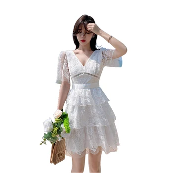 Ženy Biele Šaty Letné 2021 Nové Módne Vyšívané Čipky Rose Vyšívané Vysoký Pás Duté Tvaru Krátke Šaty Dámske
