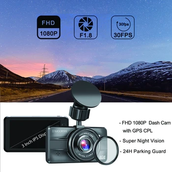 Ruccess AUTA DVR Full HD 1080P Dash Cam s GPS CPL Auto Kamera, videorekordér 3.0 Super IPS Nočné Videnie 24H Parkovanie Režim WDR