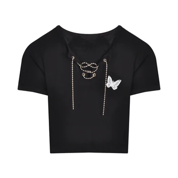 T-shirt Žena Iny Príliv Motýľ Krátke Slim tvaru Reťazca Popruh Black-Krátke rukávy Tričko 2021 Lete Nové