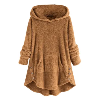 Jeseň a v Zime Teplý 5XL Plus Veľkosť Ženy Fleece Pevné Farebné Plyšové Tlačidlo Lem Plus Veľkosť Vrecká, s Kapucňou Top Mikiny, Blúzky, 2020