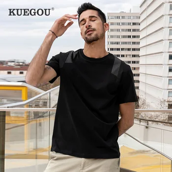 KUEGOU Bavlna Oblečenie pánske T-shirt Krátkym Rukávom Kvalitné Letné Tričko Patchwork Módne Čierne Top Plus Veľkosť 90079