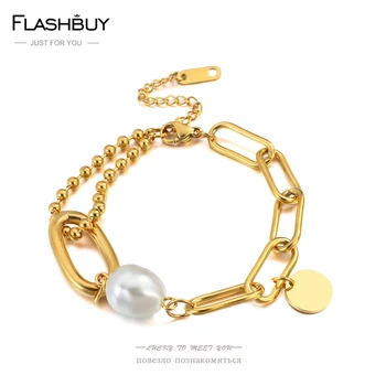 Flashbuy Pearl Nehrdzavejúcej Ocele Reťazca Kúzlo Náramky Ženy, Mužov, Zlatá Farba Reťazca Náramok Textúra Minimalistický Nastaviteľné Šperky