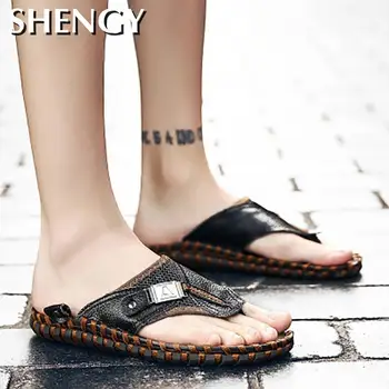 2020 SHENGY pánske Papuče Reálnom Kožené Lete pánske Papuče Pohodlné Plážové Sandále pánske členkové Topánky Módne Sandále
