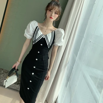 Nový príchod kórejský štýl, módne bodycon šaty žien elegantné letné lístkového rukáv ročníka temperament strán čierna ceruzka šaty