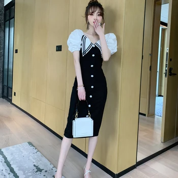 Nový príchod kórejský štýl, módne bodycon šaty žien elegantné letné lístkového rukáv ročníka temperament strán čierna ceruzka šaty