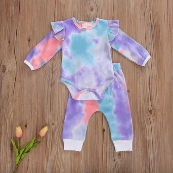 2020 Jeseň tie Dye 2 ks Oblečenia Set Pre Novorodenca Batoľa, Dieťa Dievča Prehrabať Dlhý Rukáv Kombinézu+Nohavice Oblečenie