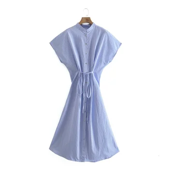 Za Ženy Šaty Modré Pruhované Plus Veľkosť Afriky Šaty Žena 2021 Lete Krátky Rukáv Tlačidlo Hore Tričko Midi Dámske Šaty