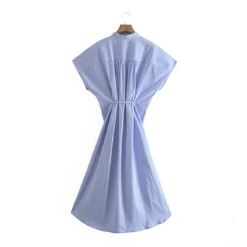Za Ženy Šaty Modré Pruhované Plus Veľkosť Afriky Šaty Žena 2021 Lete Krátky Rukáv Tlačidlo Hore Tričko Midi Dámske Šaty