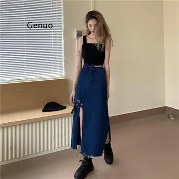 Tmavo Modré Leto Denim Sukne Ženy Vysoký Pás Split Nepravidelný Vrecko Džínsy, Sukne Vintage Kórejský Zábal Sukne Dlhé Maxi Sexy