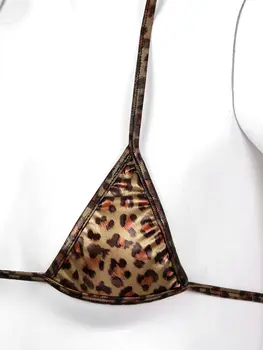 Iiniim Ženy Leopard Tlač Dve Kus priesvitný Set spodnej Bielizne Faux Kožené Micro Bikini Vyhovovali Sleepwear Ohlávka Krajky-up Podprsenka s G-string