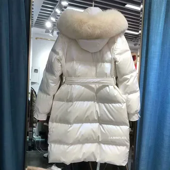 Shiny Glossy Leather Natural big fox fur collar Down Jacket Hooded Parkas Women Winter Thick Warm Long White Duck Down Coat