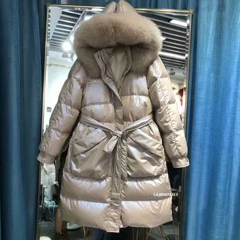 Shiny Glossy Leather Natural big fox fur collar Down Jacket Hooded Parkas Women Winter Thick Warm Long White Duck Down Coat