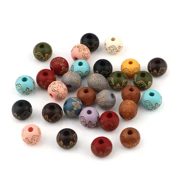 20 PCs Bohemia Wood Round Flower Pattern Spacer Beads Vintage Wooden Bead For Jewelry Making Fit Beads Bracelet DIY Findings