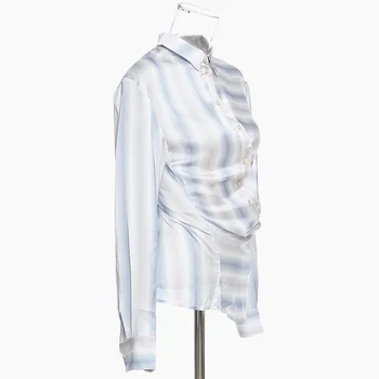 [EAM] Ženy Modré Pruhované Split Nepravidelný Blúzka Nové Klope Dlhý Rukáv Voľné Nosenie Tričko Fashion Príliv Jar Leto 2021 1X094
