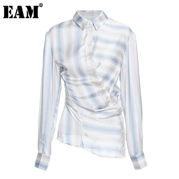[EAM] Ženy Modré Pruhované Split Nepravidelný Blúzka Nové Klope Dlhý Rukáv Voľné Nosenie Tričko Fashion Príliv Jar Leto 2021 1X094