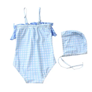 Roztomilý Koberčeky Deti Plavky pre 0-6Years Dievčatá Jeden Kus Rozstrapatené Kúpanie Oblek s Klobúkom Rýchle Suché Sun-Protection Deti Plážové oblečenie