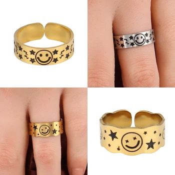 Punk Ženy Z Nehrdzavejúcej Ocele Krúžky Usmievavá Tvár Otvoriť Prstene Pre Ženy Geometrické Krúžok Zlata Farba Krúžok Krúžky Z Nehrdzavejúcej Šperky Darček