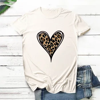 Módne dámske Krátky Rukáv Top Bežné Tričko Love Leopard Vytlačené Voľné T-shirt Bežné Plus Veľkosť Letné T-shirt Poleras Mujer