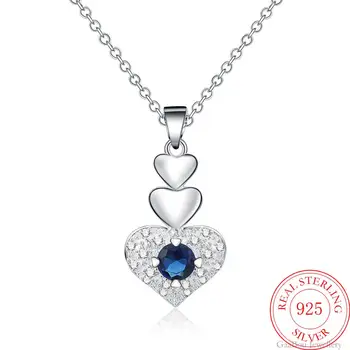 925 Sterling Silver 18 Palcov Módne Svadobné Srdce Modrý Zirkón Retro Náhrdelník & Prívesky Reťazí Party Girl Šperky
