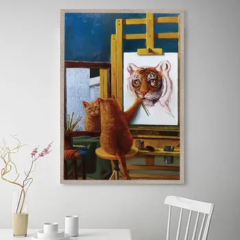 Vtipné Mačku Self-portrait Plagát Plátno na Maľovanie Tiger Čerpať Vytlačí Nordic Wall Art Obrázky pre Spálne Domova Rám