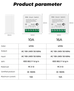 16A /10AMINI Wifi Smart Home Smart Switch Časovač Bezdrôtové Spínače Smart Home Automation Kompatibilný S Tuya Alexa Domovská stránka Google