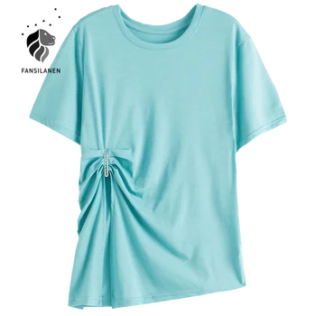 FANSILANEN Office Lady-Krátke rukávy Split Modré tričko Žena Lete 2021 Voľné Tenké Časti Jednoduchý Nika Elegantné Topy Pre Ženy