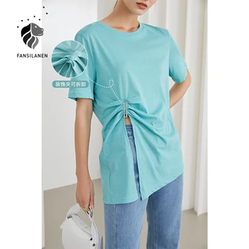 FANSILANEN Office Lady-Krátke rukávy Split Modré tričko Žena Lete 2021 Voľné Tenké Časti Jednoduchý Nika Elegantné Topy Pre Ženy
