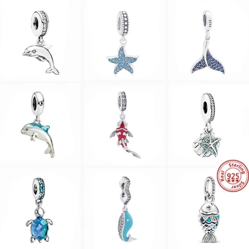 925 Sterling Silver Kapor Dolphin Hviezdice Modrá Pomerové Ryby Prívesok Korálky Fit Pôvodné Pandora Prívesky Náramok Ženy DIY Šperky